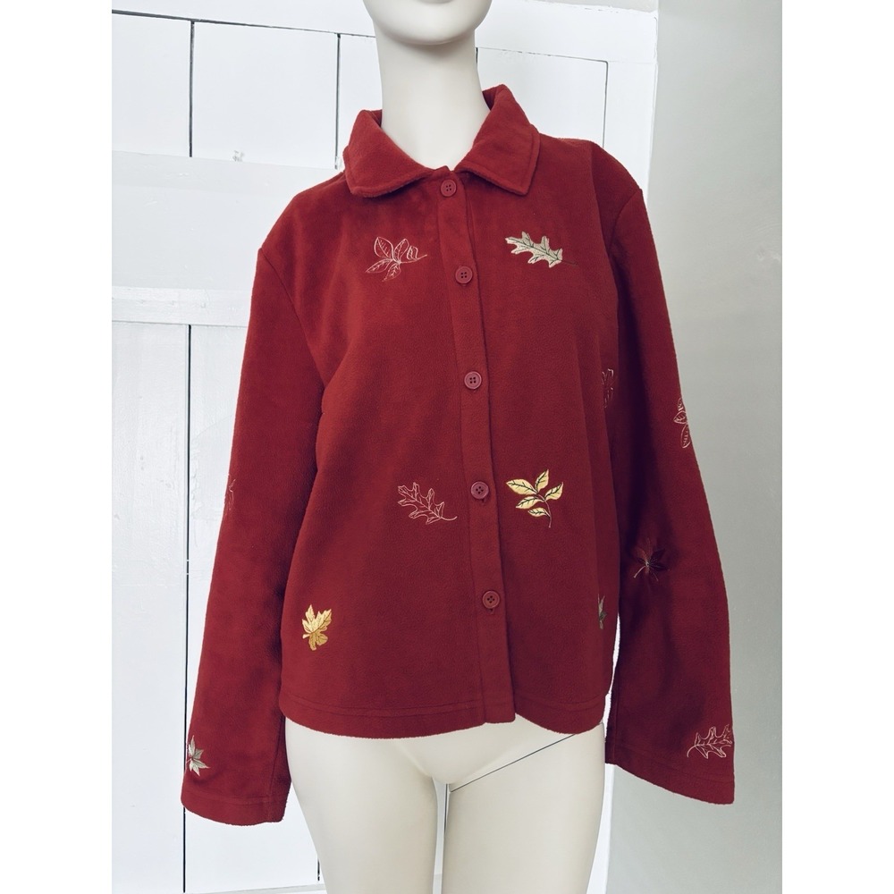 CC Hughes Fleece Button Red Sweater Jacket Coat‎ Embroidered Fall Leaves Medium